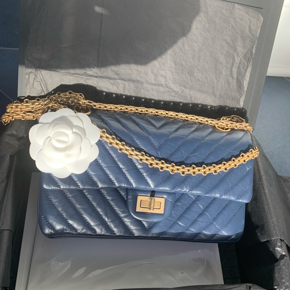 CHANEL  2.55 Reissue Double Flap Bag Chevron Blue w/receipt - Picture 10 of 17